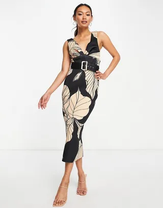 ASOS DESIGN printed V-front midi dress in leaf print