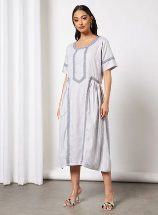 Casual Cotton Lace Round Neck Jalabiya With Embroidery For Women