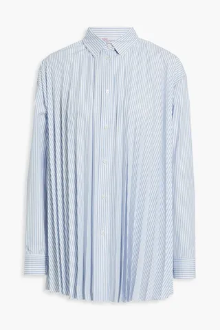 Pleated striped cotton-blend poplin top