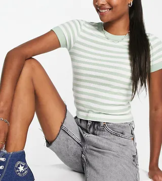 ASOS DESIGN Petite slim fit t-shirt in rib in sage stripe
