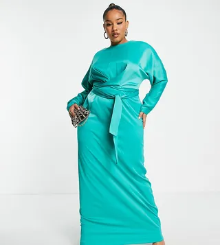 ASOS DESIGN Curve satin maxi dress with batwing sleeves and wrap waist in green