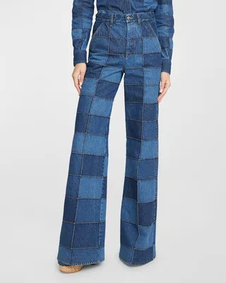 Recycled Denim Patchwork Wide-Leg Jeans