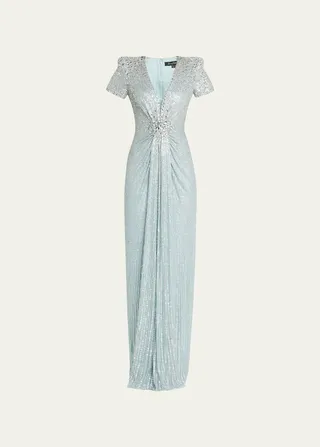Momoka Plunging Crystal Embellished Strong-Shoulder Gown