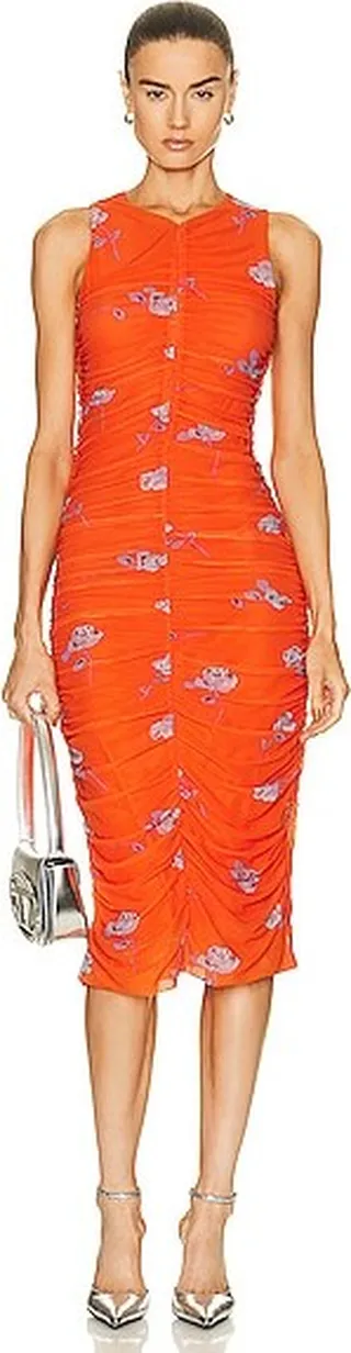 Ganni Printed Mesh Ruched Sleeveless Midi Dress in Orange