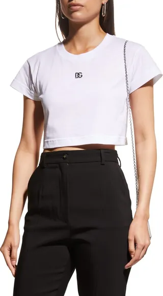 Cropped Cotton T-Shirt with Metal Logo