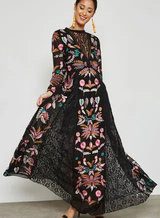 Embroidered Plunge Maxi Dress