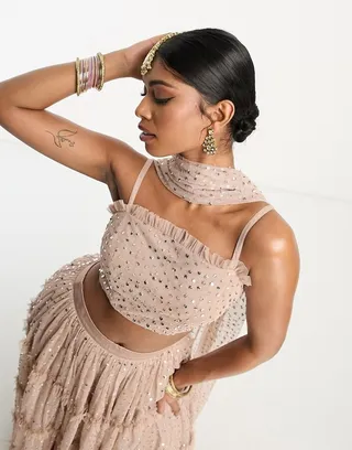 Maya all over sequin lehenga cami top in muted blush - part of a set
