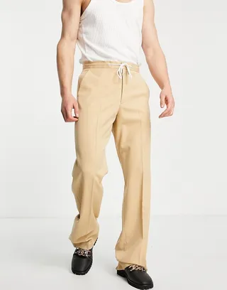 ASOS DESIGN smart wide leg pants with drawcord waist in camel