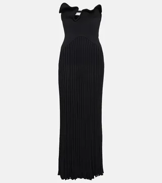 Cutout pleated ribbed-knit maxi dress