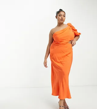ASOS DESIGN Curve washed one shoulder maxi dress with cut out side waist detail in orange