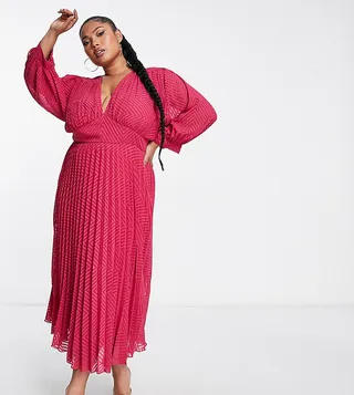 ASOS DESIGN Curve pleated batwing midi dress in chevron texture in pink