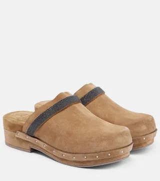 Monili-embellished suede clogs