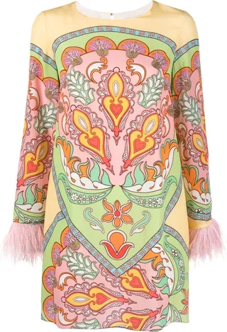 Cocoa feather-trim printed minidress