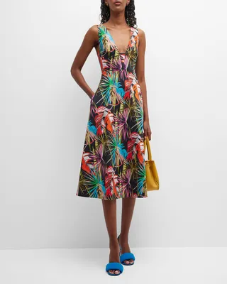 El Nido Botanical-Print Poplin Midi Dress