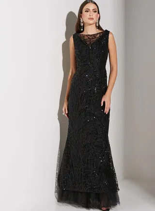 Renee Farah Shimmer Plunge Neck Dress