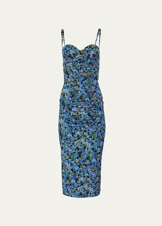 Floral Print Ruched Sweetheart Midi Dress