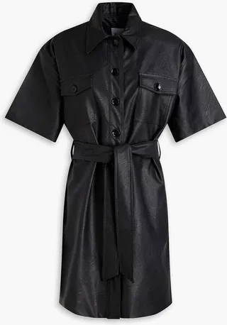 Belted faux leather mini shirt dress