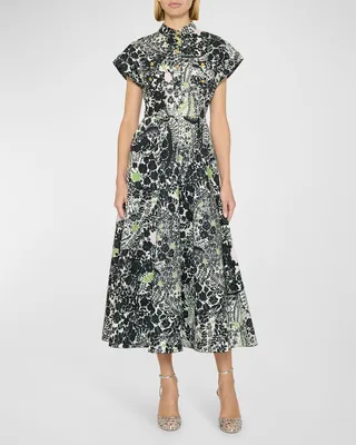 Floral-Print Cap-Sleeve Midi Shirtdress