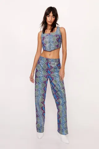 Nasty Gal Womens Real Leather Snake Foil Trouser