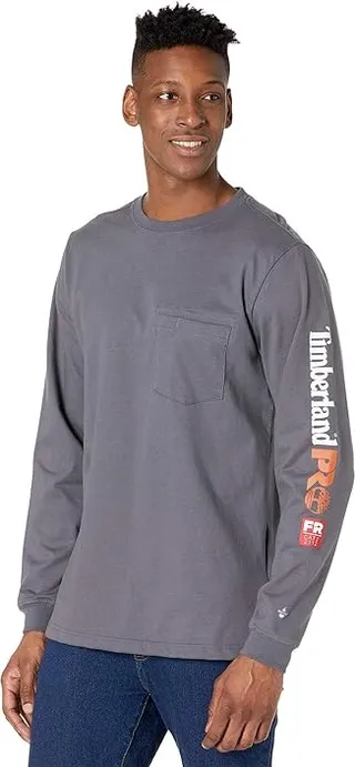 Timberland PRO FR Cotton Core Long Sleeve Pocket T-Shirt with Sleeve Logo (Charcoal) Men's Clothing