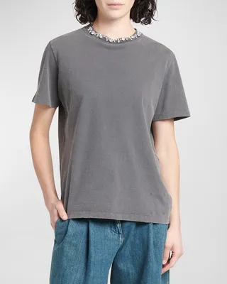 Distressed Crystal Emrboidered Crewneck Tee