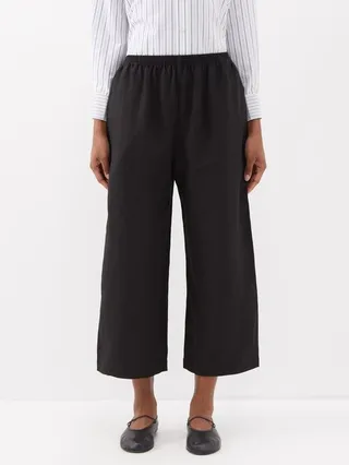 Elasticated-waist Cropped Linen Wide-leg Trousers