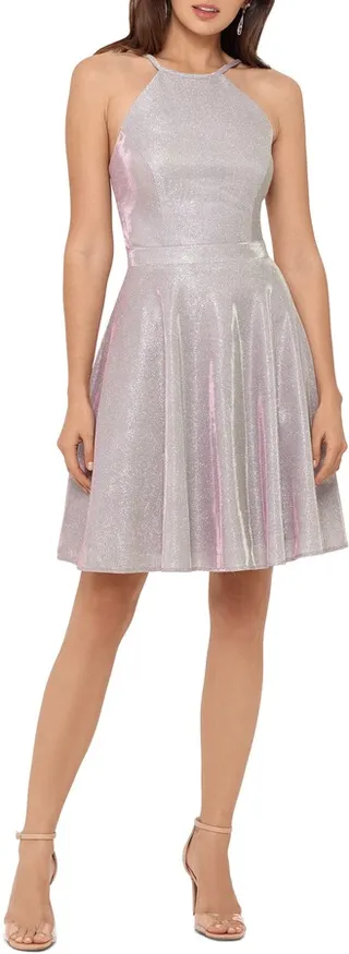 Halter Neck Metallic Knit Cocktail Dress