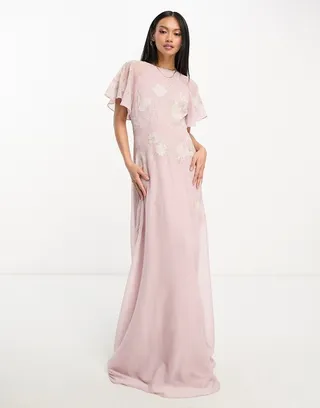 ASOS DESIGN Bridesmaids angel sleeve maxi dress with floral applique in rose