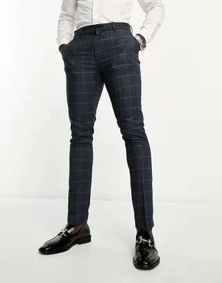 New Look skinny suit pants in gray & blue check