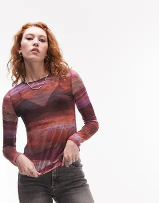 Topshop abstract landscape long sleeve top in multi