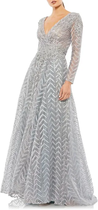 Embellished Long Sleeve Mesh A-Line Gown
