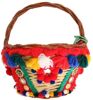 Dolce & Gabbana AGNESE Straw Crystal Pom Pom Women's Bag