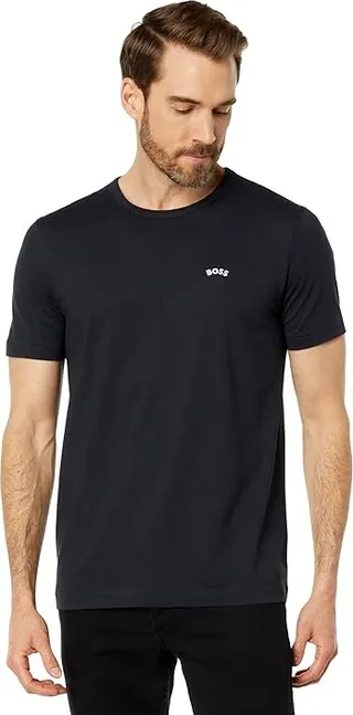 BOSS Tee Curved Logo Cotton Shirt (Whale Blue) Men's Clothing