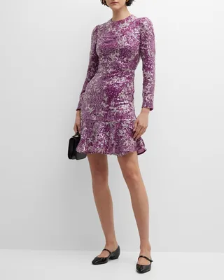 Metallic Floral Sequin Ruffle-Hem Mini Dress