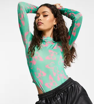 ASOS DESIGN Petite high neck bodysuit in butterfly print