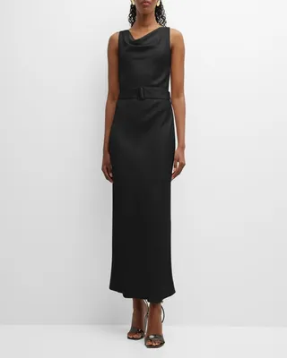 Cowl-Neck Textured Satin Bias Belted Maxi Dress