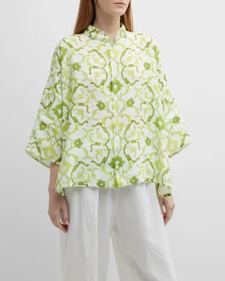 Sloped-Shoulder Wide A-Line Short-Sleeve Collarless Shirt (Mid Length)