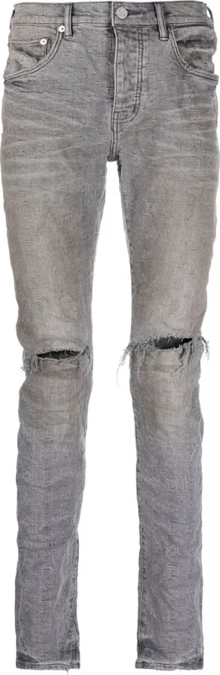 Grey Distressed Ripped-Knee Slim-Fit Jeans