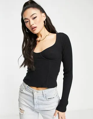 ASOS DESIGN ribbed bust seam detail corset top in black