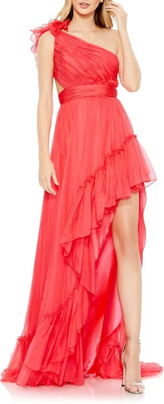 Ruffled One Shoulder Asymmetrical Gown