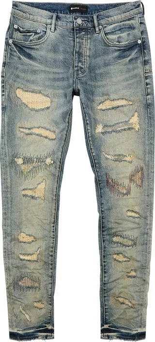 Purple Embroidered Distressed Skinny Jeans