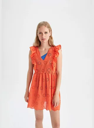 Regular Fit V-Neck Strappy Frill Detail Beach Dress
