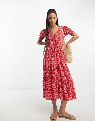 Influence button down tiered midi dress in red floral print