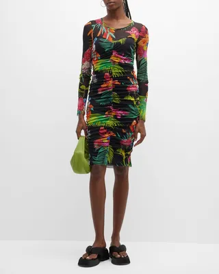 Ruched Floral-Print Tulle Dress