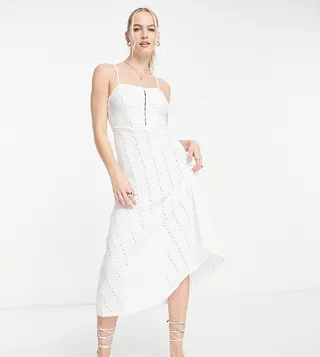 ASOS DESIGN Tall broderie strappy midi tea dress with hook and eye detail in white