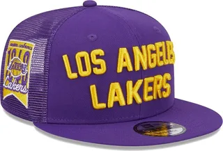 Men's New Era Purple Los Angeles Lakers Stacked Script 9Fifty Trucker Snapback Hat