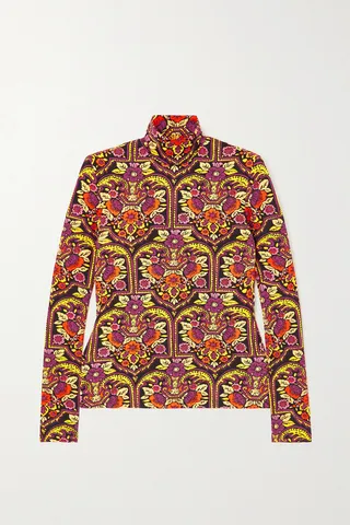 La DoubleJ - Printed Stetch-satin Turtleneck Top - Orange