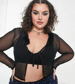 COLLUSION Plus fur trim long sleeve mesh top in black