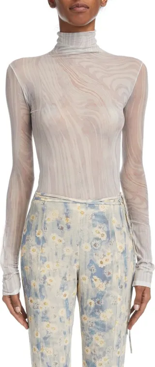 Denise Swirl Print Semisheer Mesh Turtleneck Top