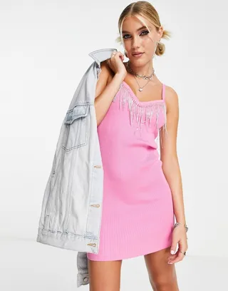 Miss Selfridge rhinestone fringe knit mini dress in pink